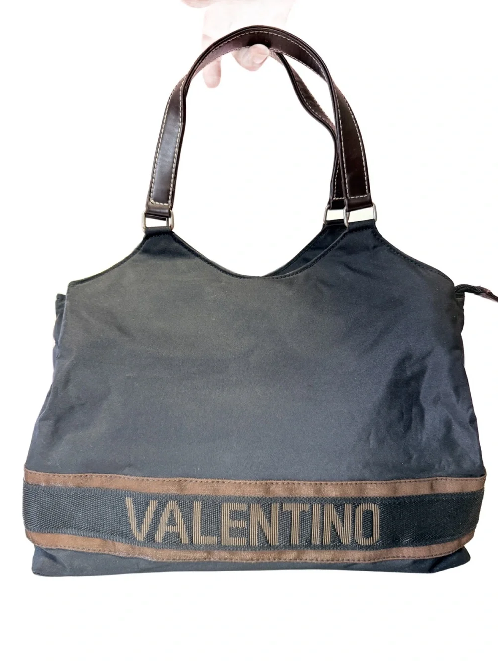 Valentino Rossa Black Nylon Triple Compartment Shoulder Tote Bag Brown Handles